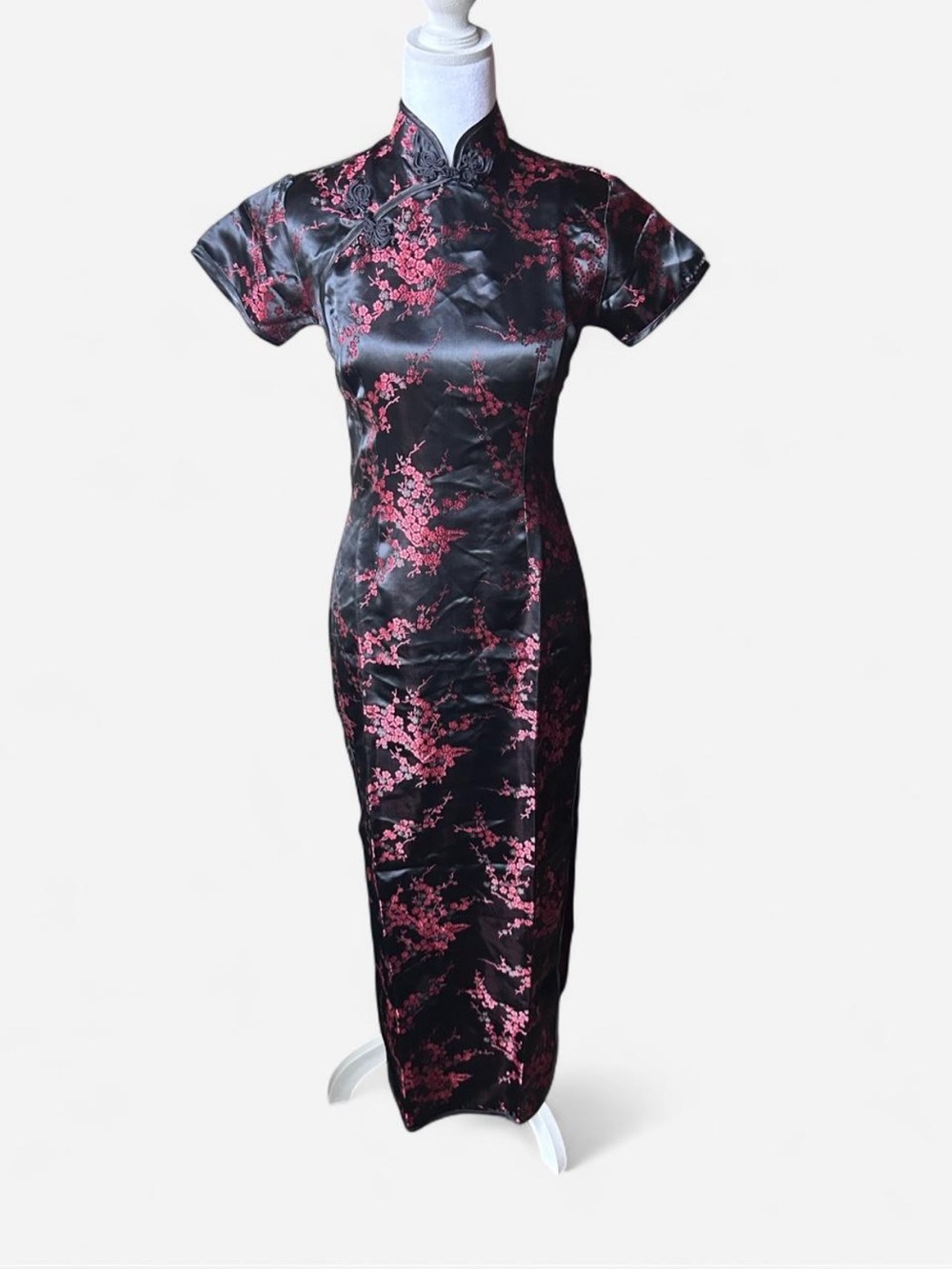 Silk Vintage Qipao Cheongsam Dress Black Red Floral Mandarin Collar Size M